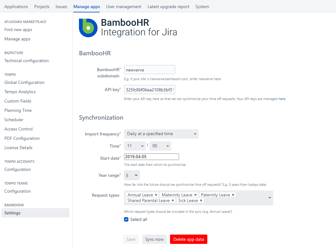 Dashboard showing the BambooHR Integration for Jira