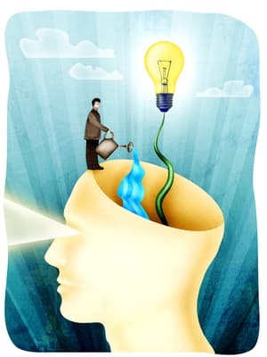 Conceptual illustration of a person watering a plant growing inside a human head, with the plant sprouting a lightbulb, symbolizing creativity, ideas, and intellectual growth