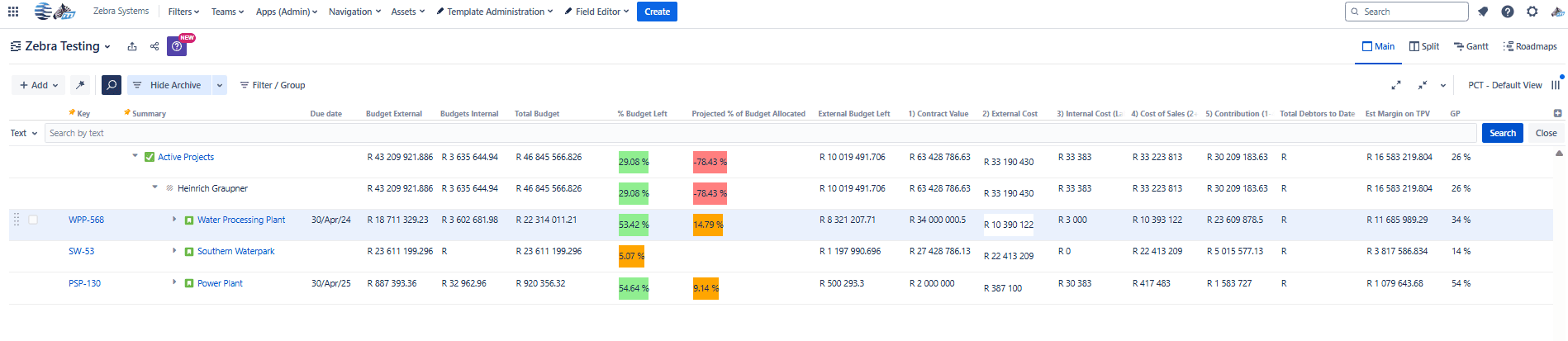 Here are three different projects listed, each with its own set of values displayed in the structure columns. The “Active Projects” row provides a consolidated view, showing the total values across all projects.