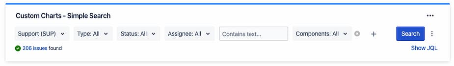 Custom Charts - Simple Search interface displaying dropdown filters