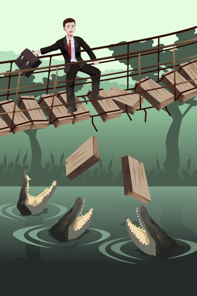 Illustration of a businessman nervously crossing a collapsing rope bridge over crocodile-infested waters, symbolizing risk management and overcoming dangerous challenges