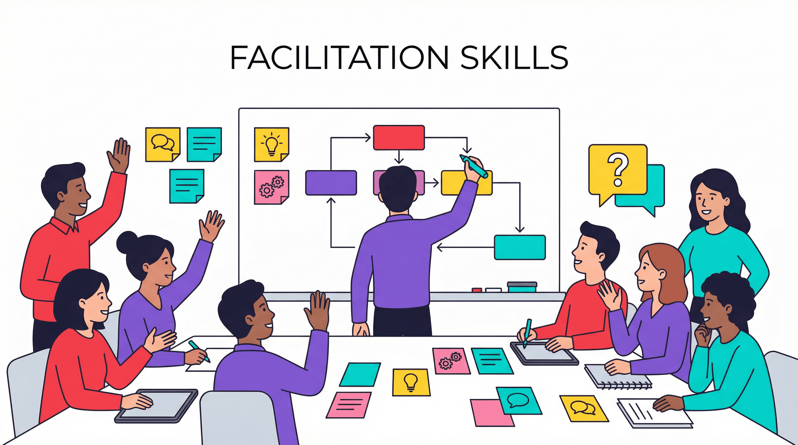 Facilitator leading workshop with diverse group, drawing flowchart on whiteboard with colorful sticky notes and diagrams.