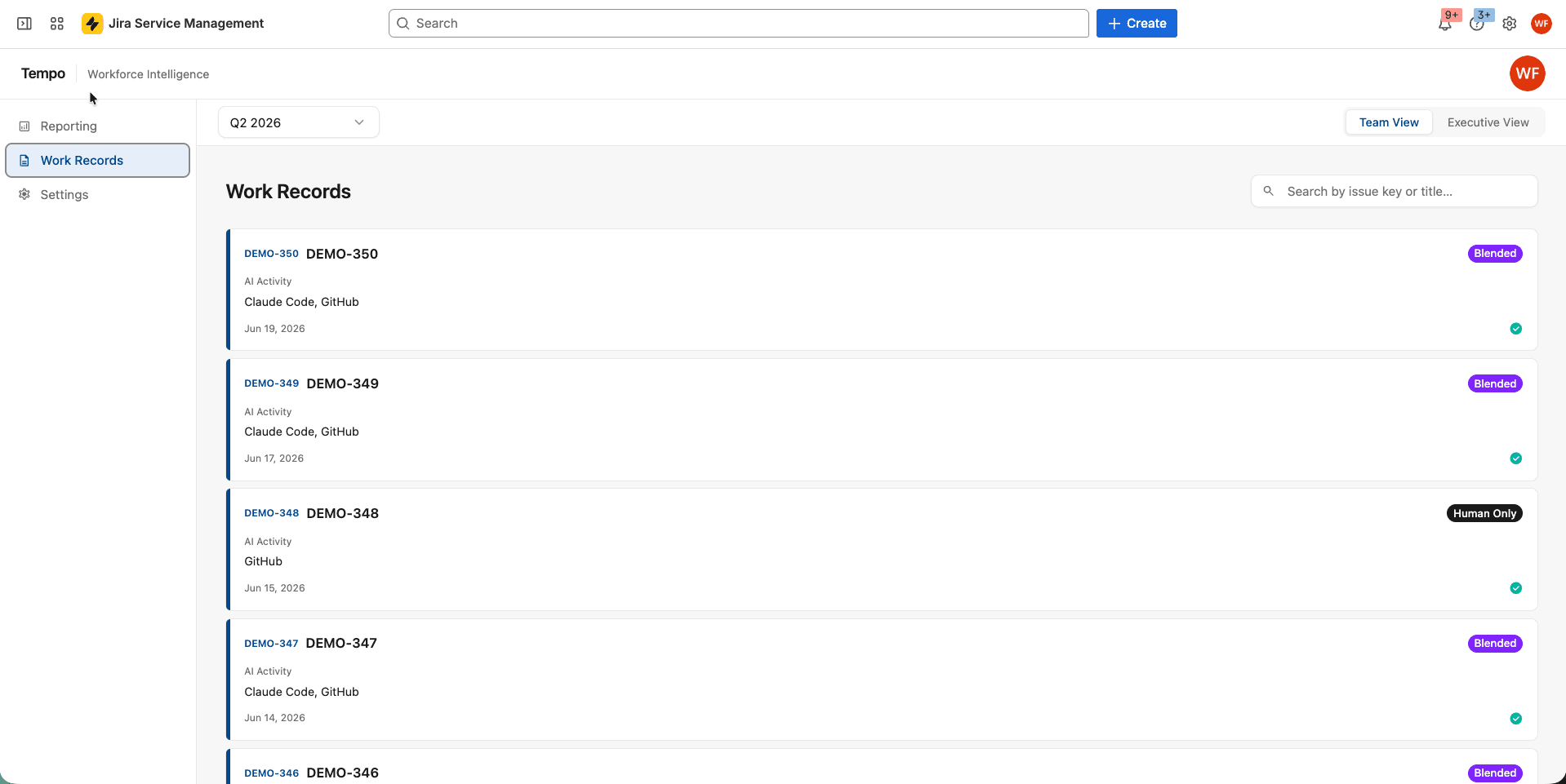 Tempo Workforce Intelligence Work Records view in Jira, showing issues tagged Blended or Human Only with the AI tools that touched each one