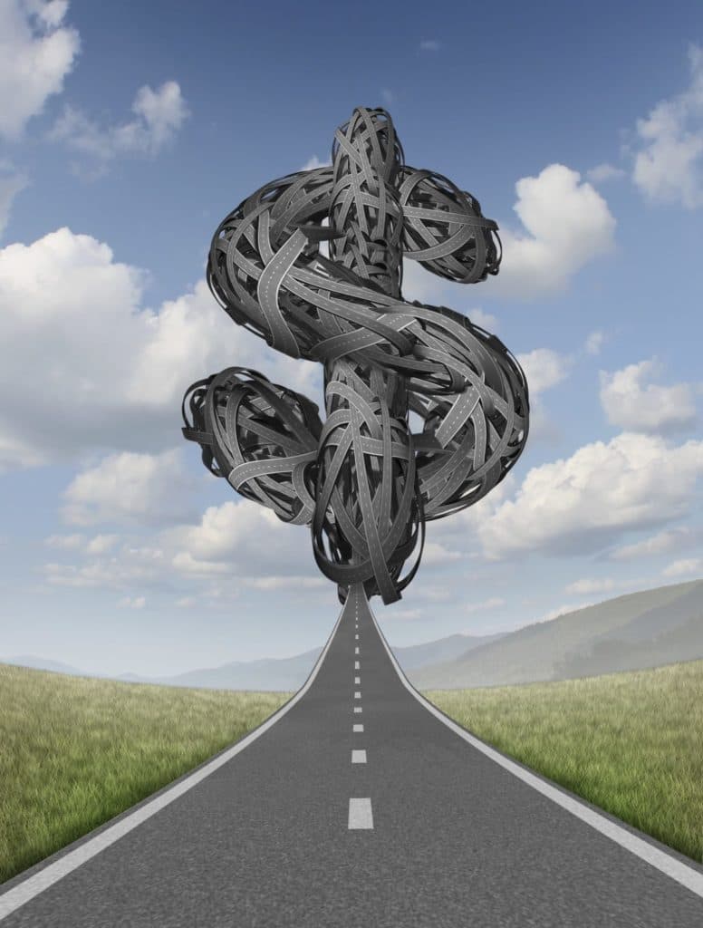 Surreal illustration of a road forming a tangled dollar sign against a blue sky, symbolizing financial planning, budget challenges, and economic pathways.