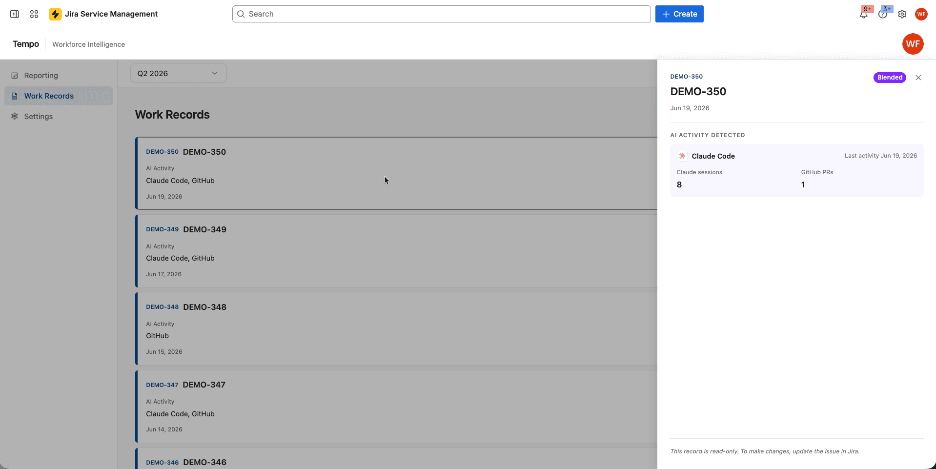 Tempo Workforce Intelligence issue view showing AI activity detected on a Jira work item, with the AI tool used, session count, and linked pull request.