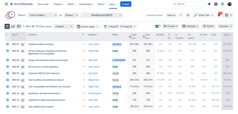 SaaSJet's Time in Status app interface
